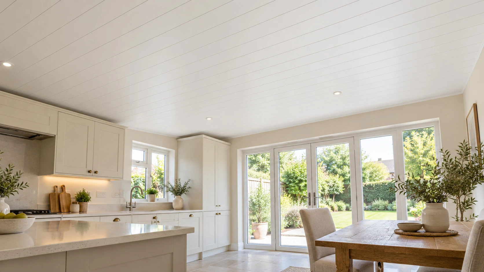 PVC ceiling panels in a bright kitchen - application concept