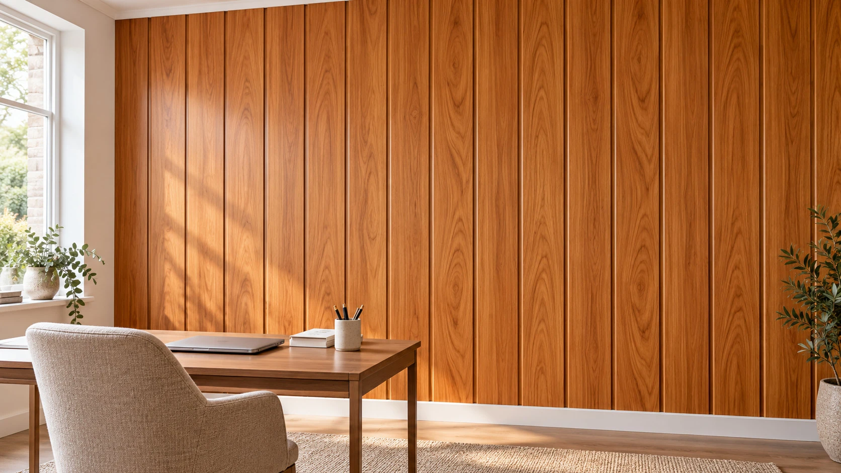 Wood-effect PVC wall panels in a study - application concept