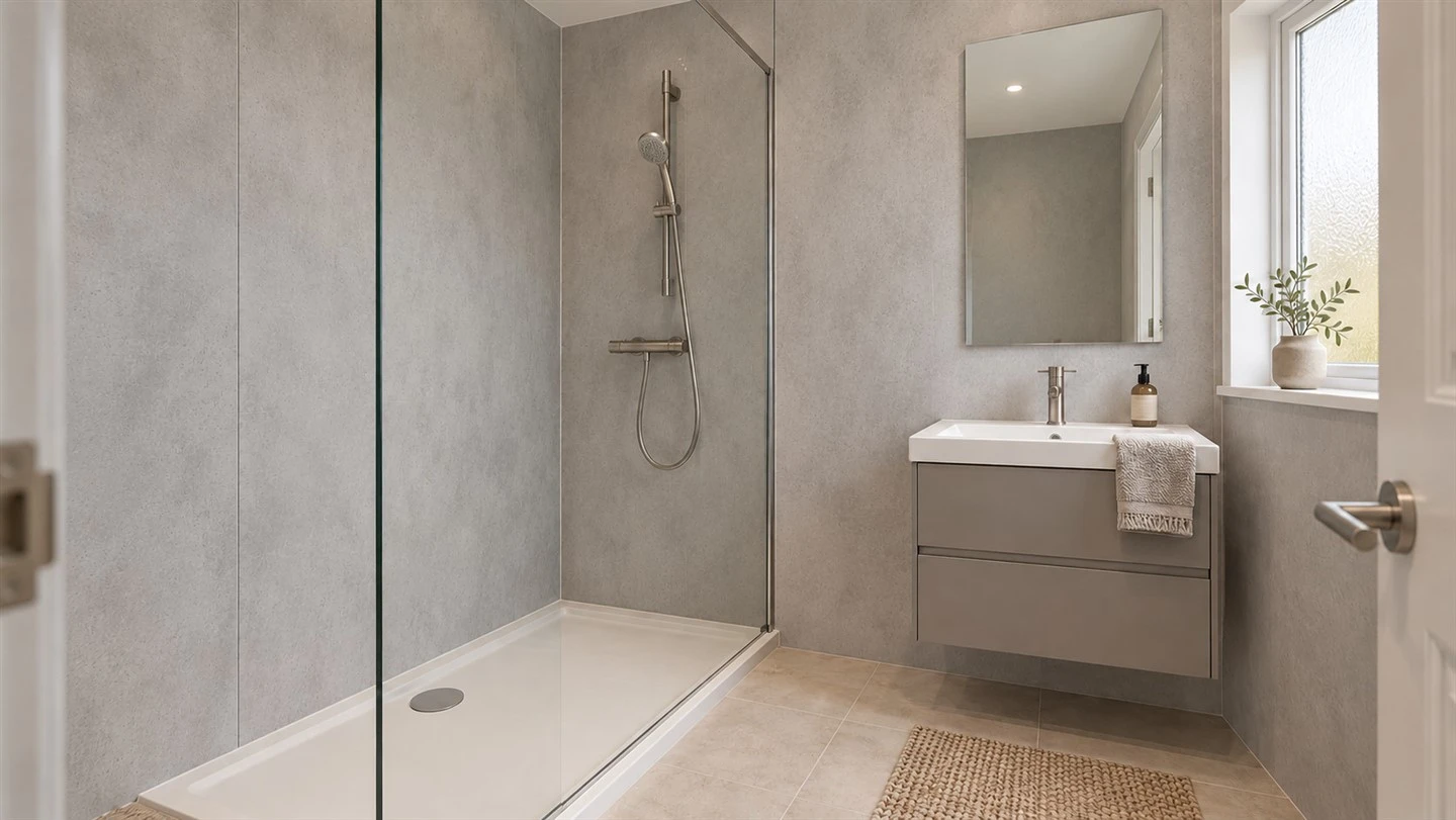 Grey concrete-effect panels in a shower — design concept