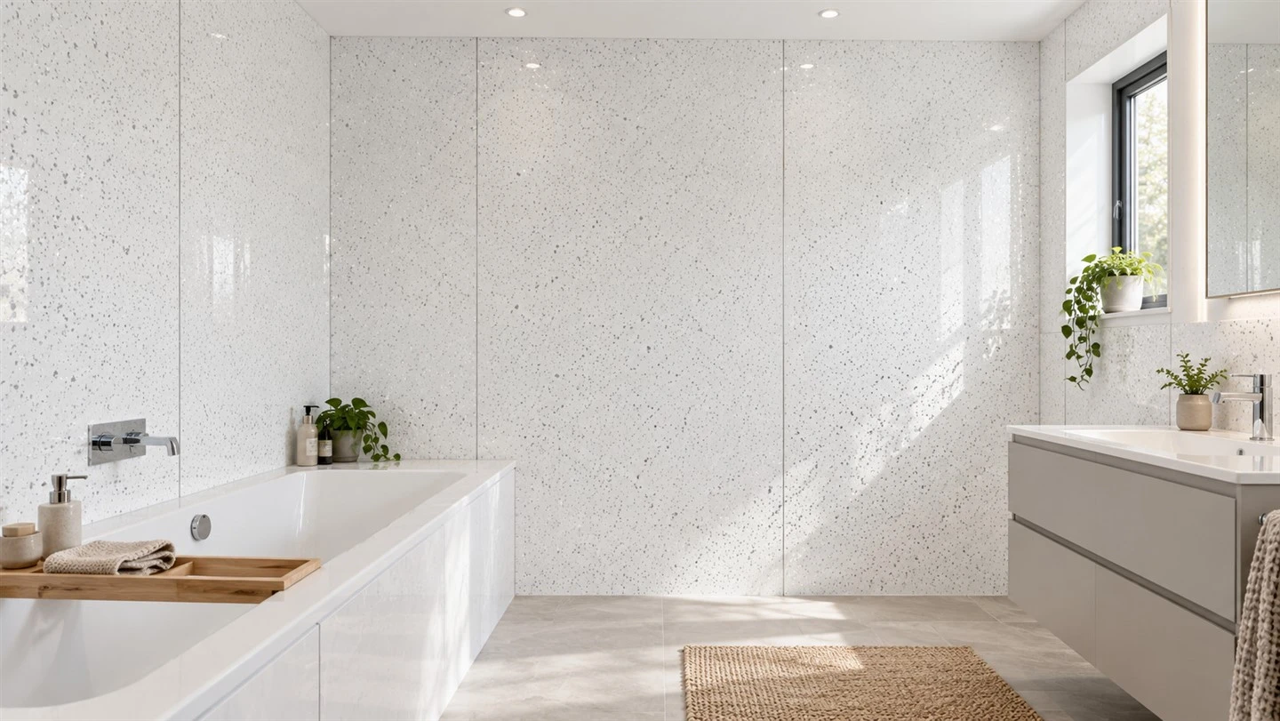 White sparkle wall panels in a bathroom — design concept