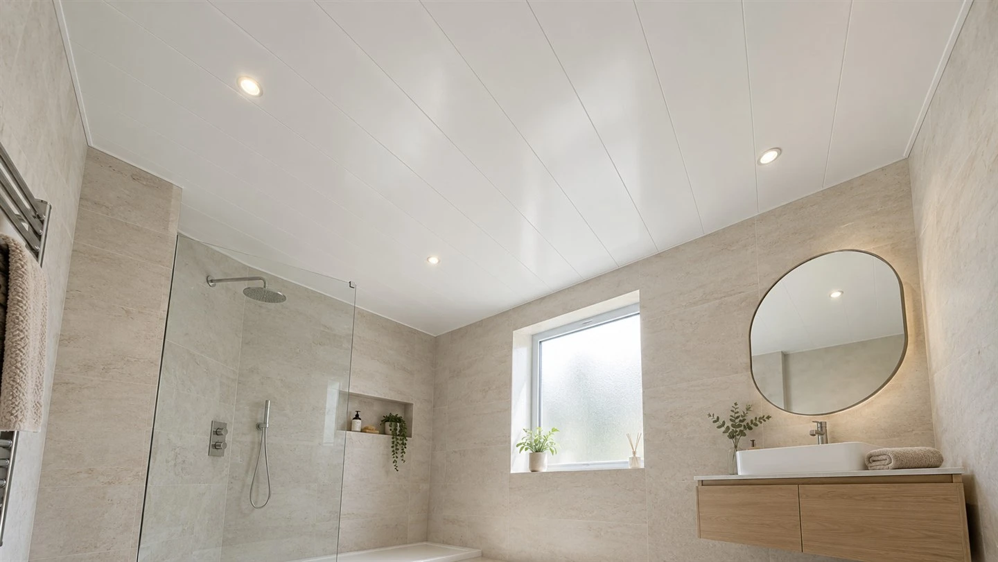 White PVC ceiling in a bright interior — design concept