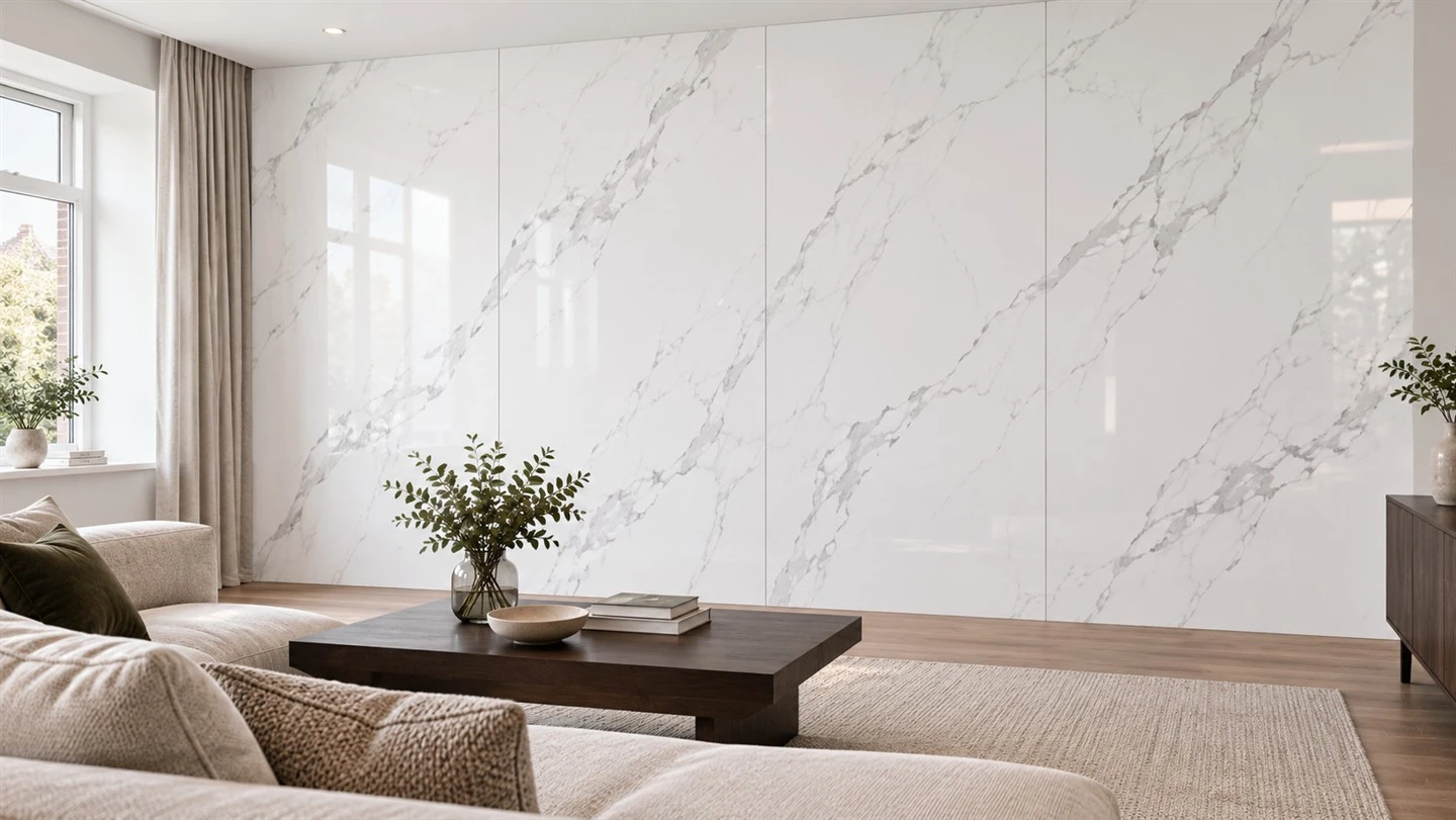 White marble-effect UV PVC sheets in a living room — design concept